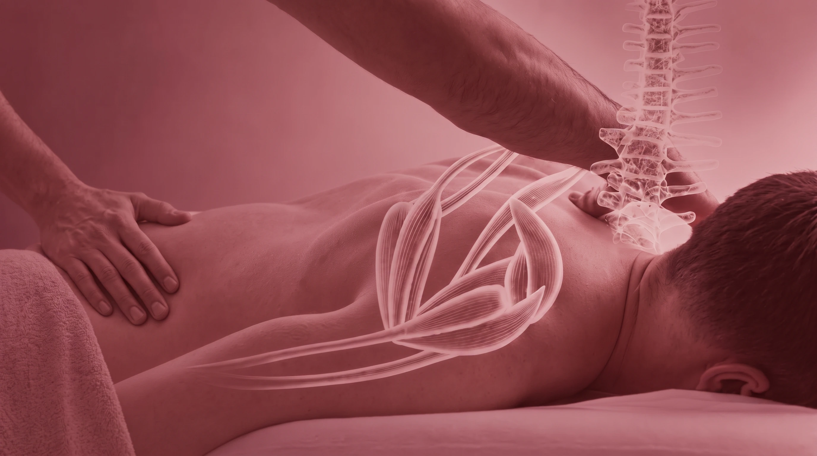 A therapist's hands working along a patient's mid back, with an illustrated spine and back muscles traced over the frame.