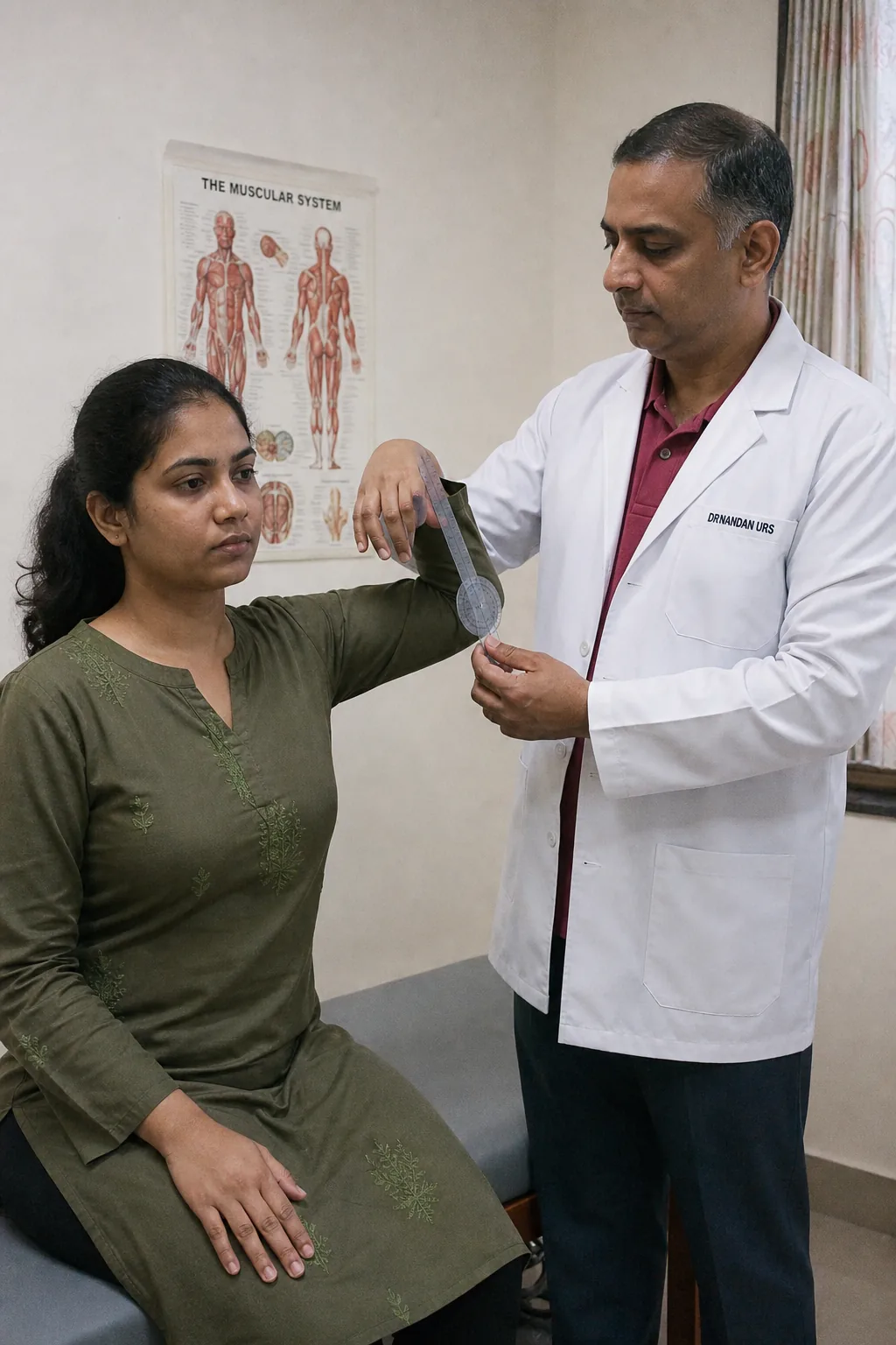 Dr Nandan Urs taking a goniometer reading at a seated patient's arm, an anatomy chart on the wall behind them.