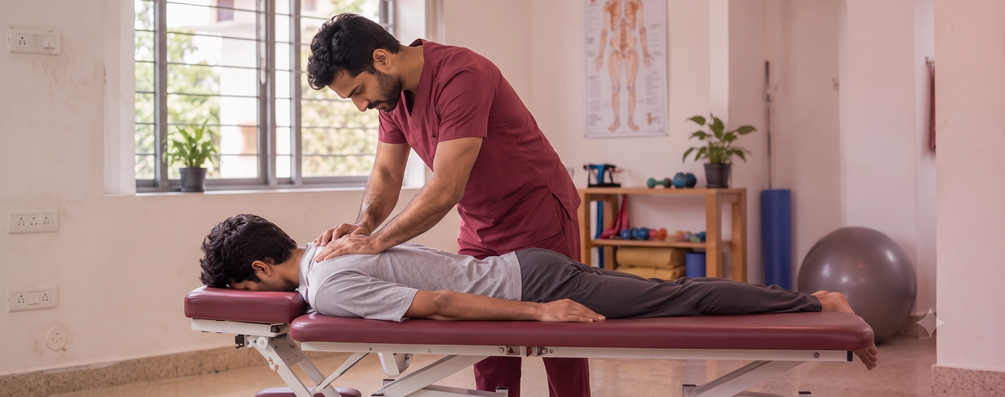 A physiotherapist working along a patient's upper back as they lie face down on a treatment couch in the clinic.