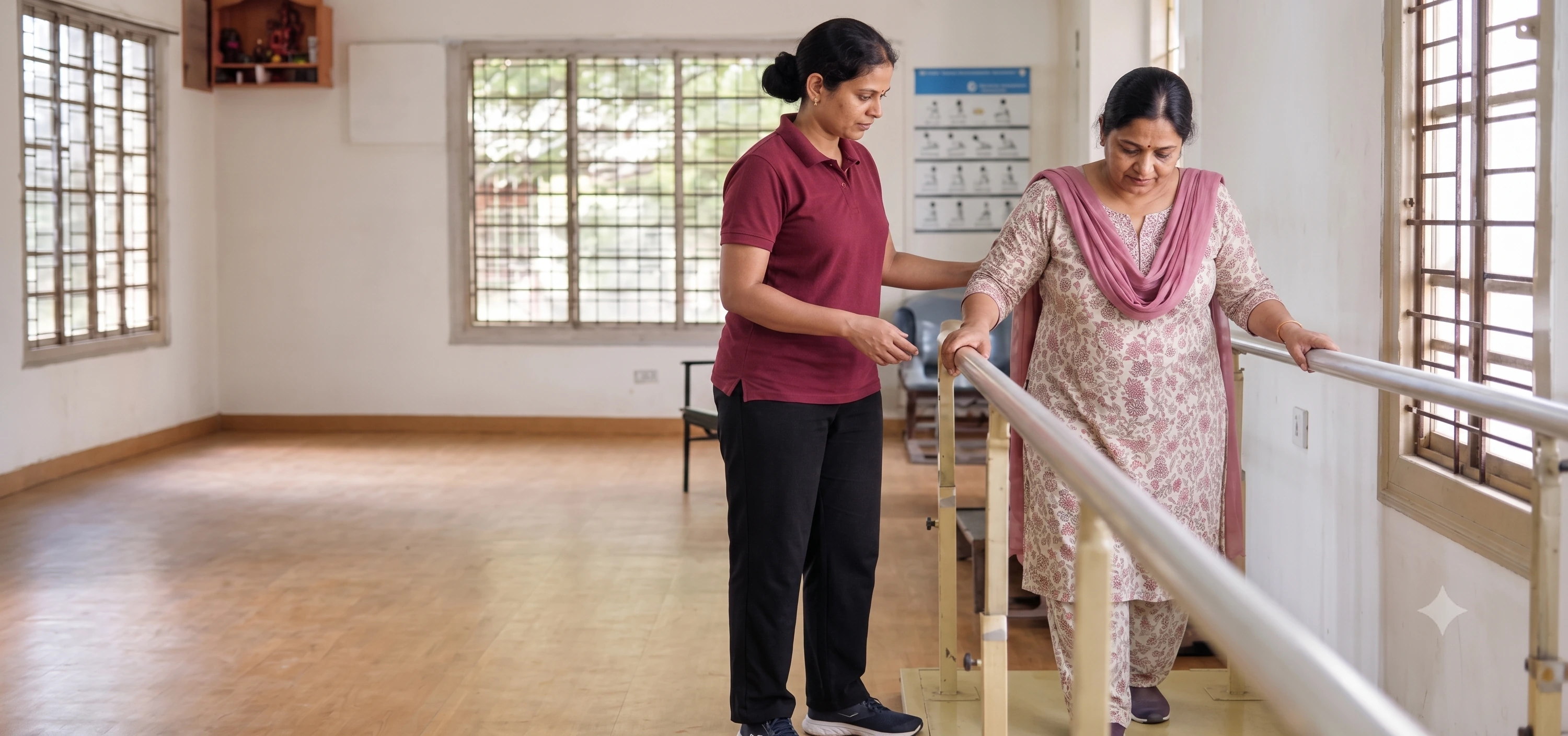 A physiotherapist steadying an older woman as she walks the parallel bars in the clinic, daylight through barred windows behind them.