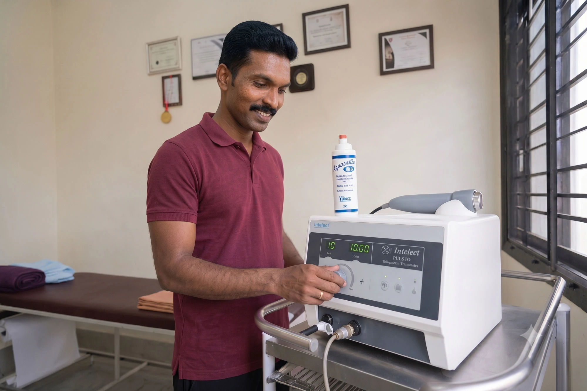 Mahesh Kulkarni setting the dial on the therapeutic ultrasound machine, gel and applicator on the trolley beside him.