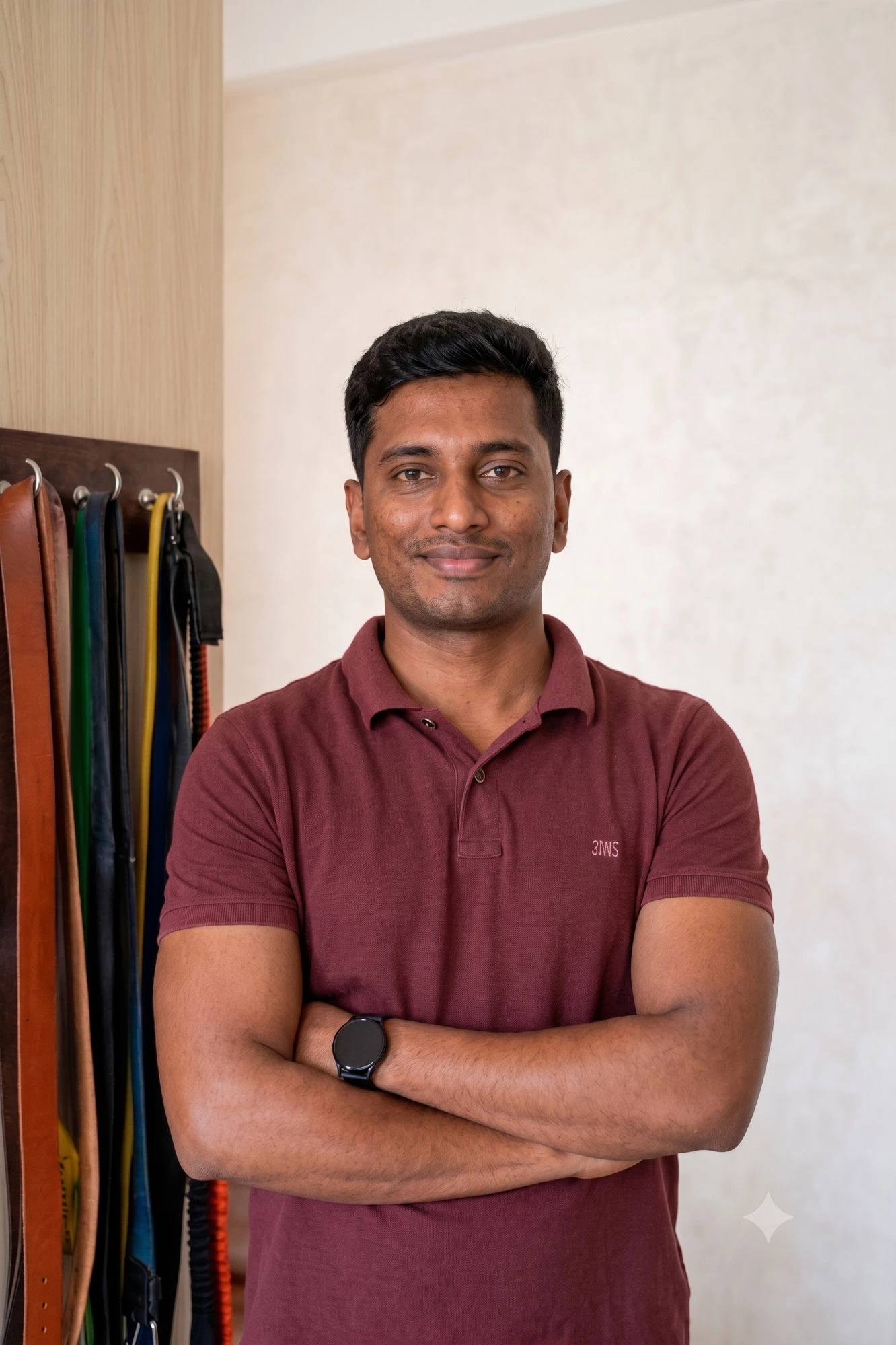 Kiran Shetty standing with his arms folded beside a rack of resistance bands.