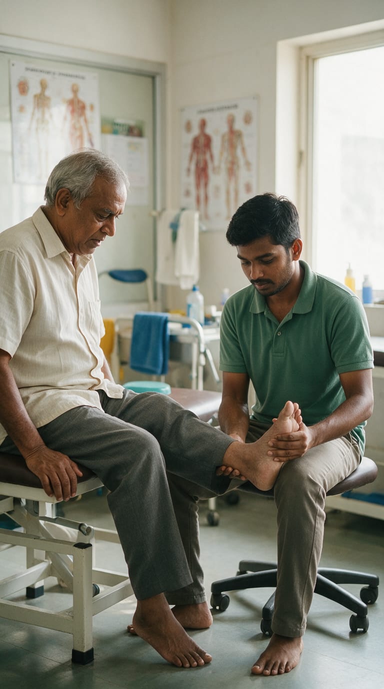 A physiotherapist examining the foot and ankle of an older man seated on a treatment couch