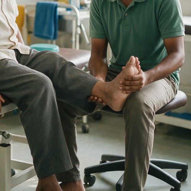 Close view of a physiotherapist's hands supporting an older man's foot during an ankle assessment