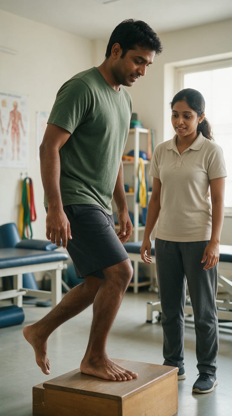 A man taking a step while a physiotherapist stands beside him and watches his knee
