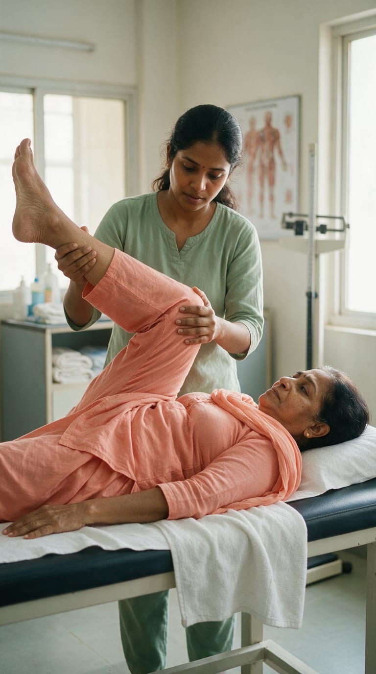 A physiotherapist taking an older woman through a straight leg raise on a treatment couch