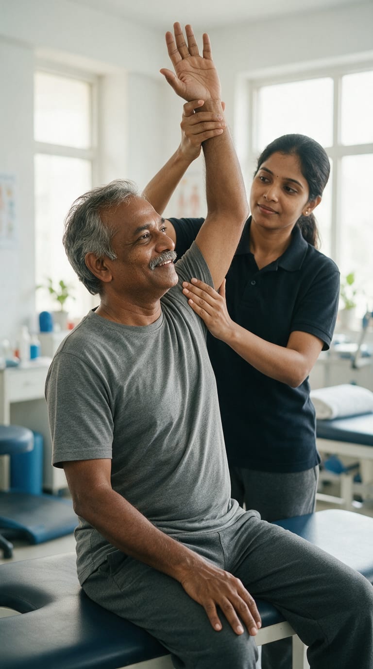 A physiotherapist assessing the shoulder range of an older man in a bright clinic room