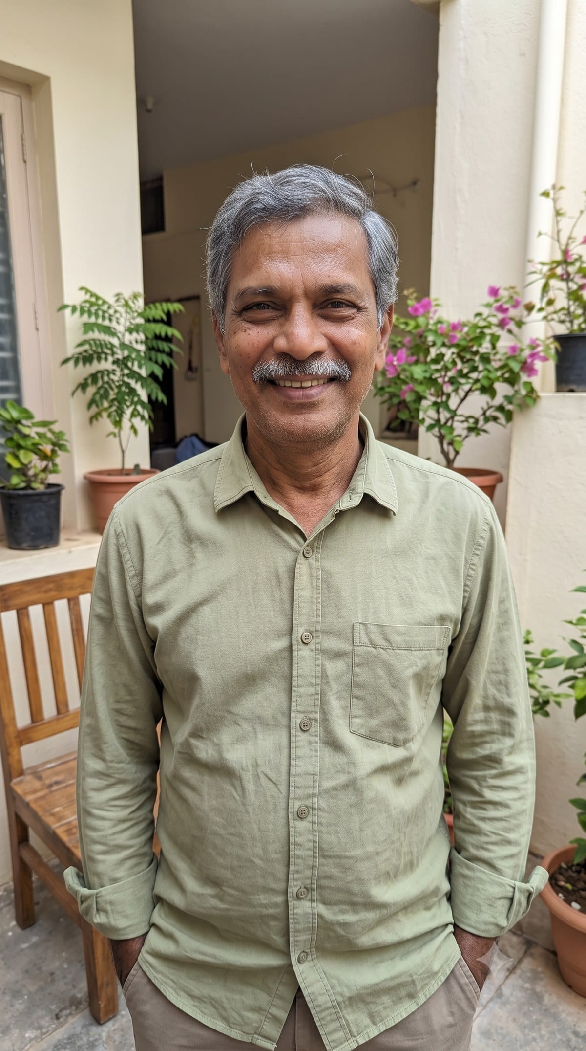 Portrait of R. Selvaraj, a patient treated for frozen shoulder, standing outside his house