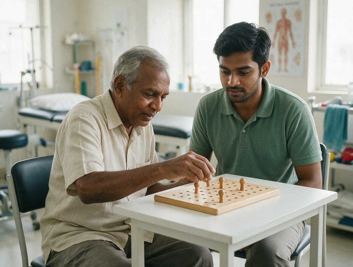 A physiotherapist watching a stroke patient move pegs on a board during hand coordination work