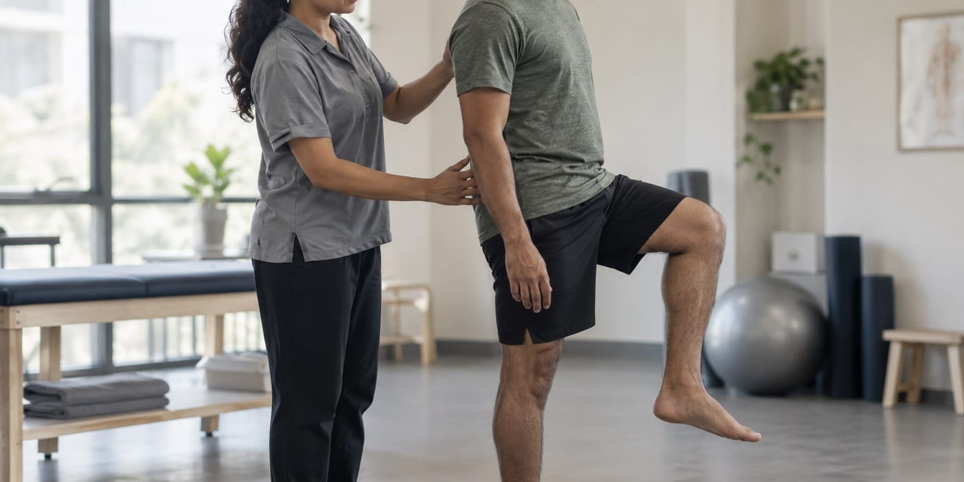 A physiotherapist steadying a man's hip while he holds a single leg stance