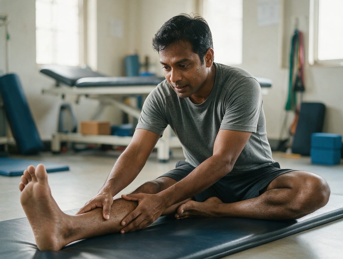 A man seated on a floor mat stretching his hamstring, both hands on the shin of his extended leg