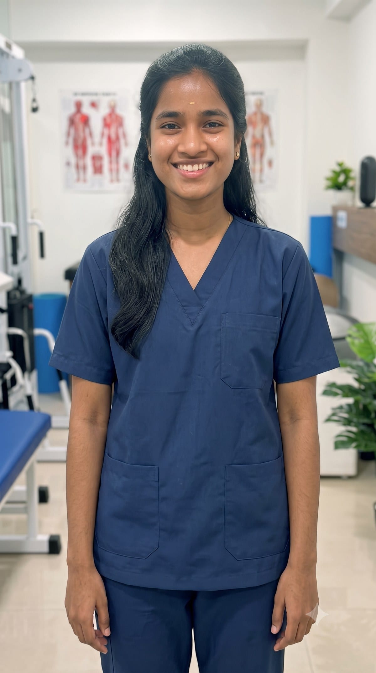 Divya Anandan in navy scrubs, standing in the clinic exercise room