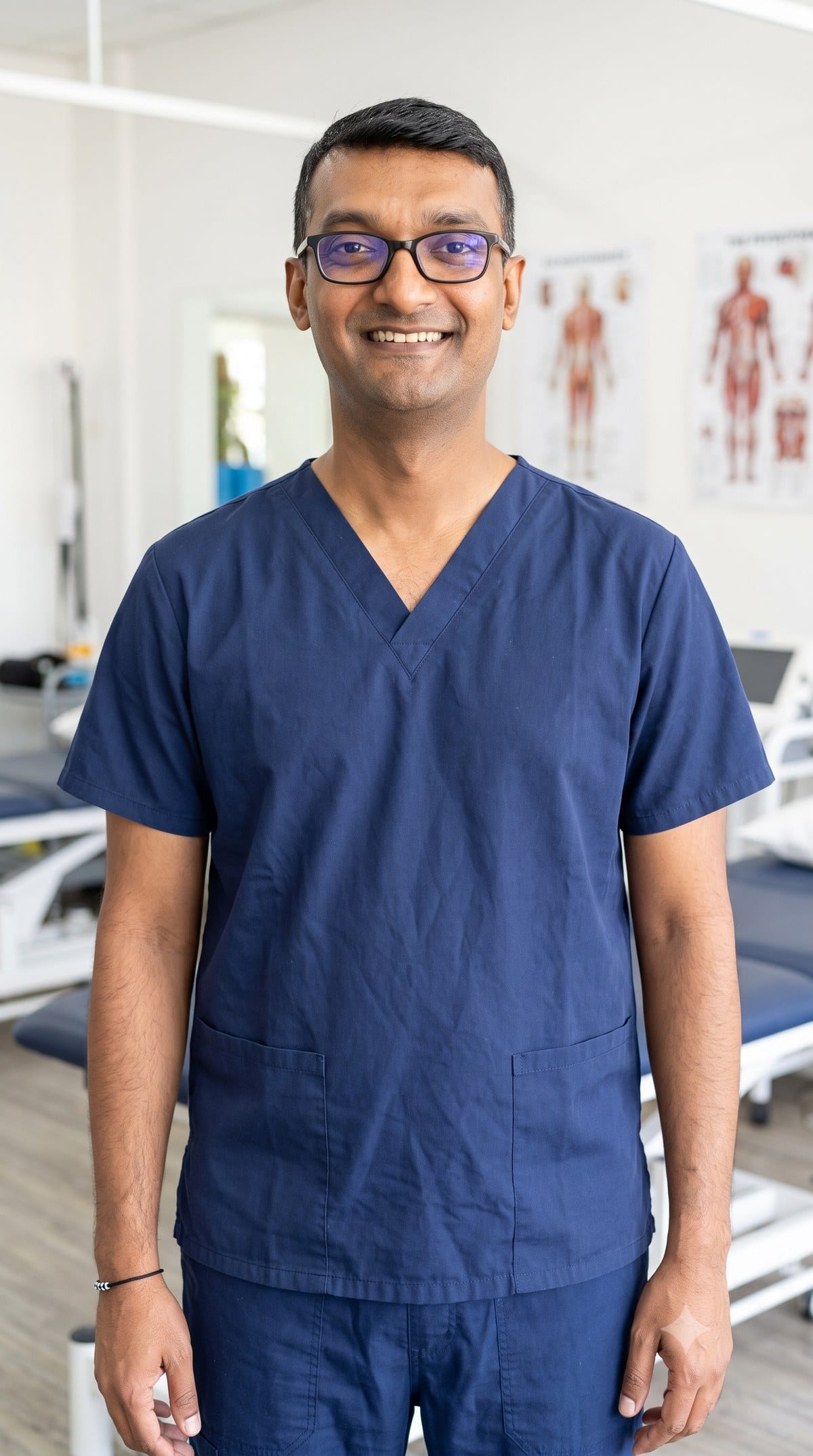 Prakash Venkatesan in navy scrubs, standing in the clinic exercise room