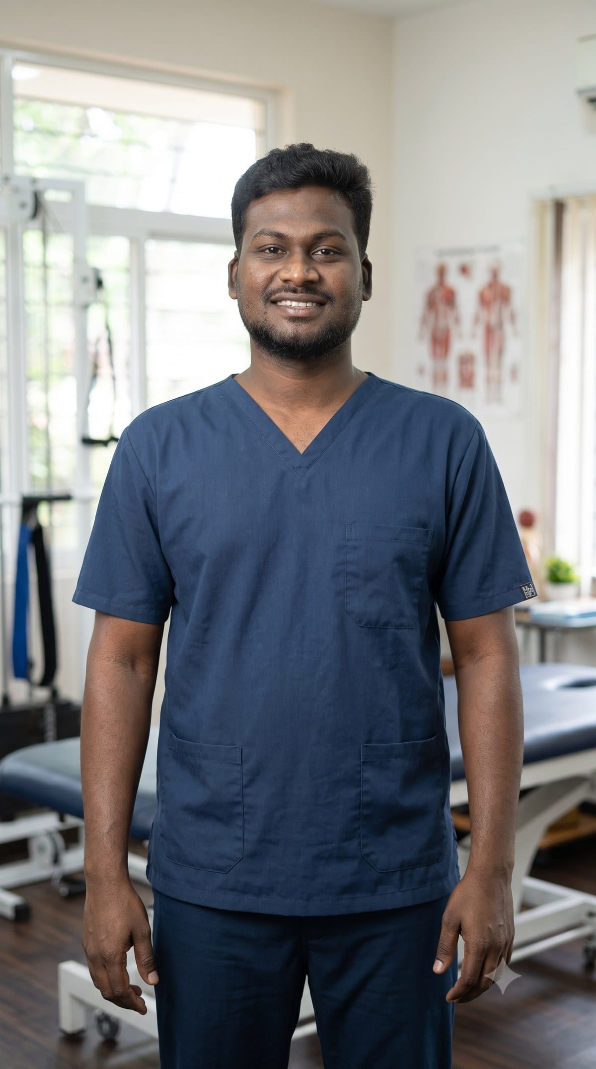 Sundar Balakrishnan in navy scrubs, standing in the clinic exercise room