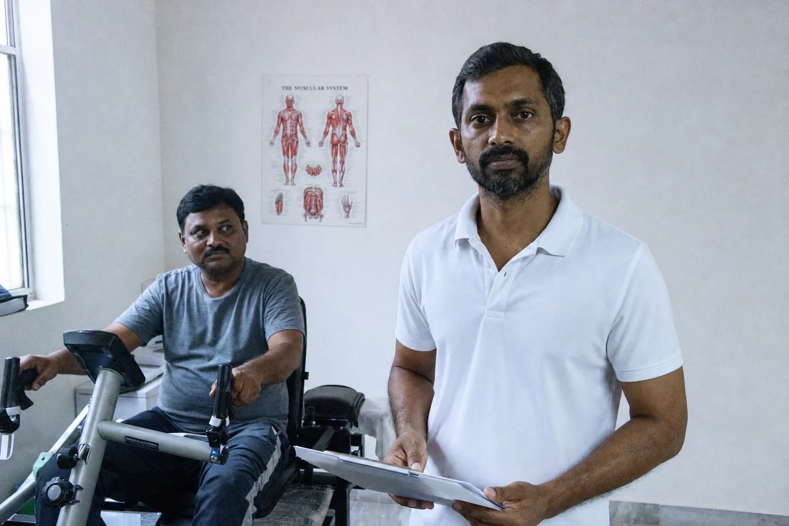 Dr Aravind Kandula standing with a clipboard in his Hyderabad clinic while a patient on a rehabilitation cycle behind him looks over.