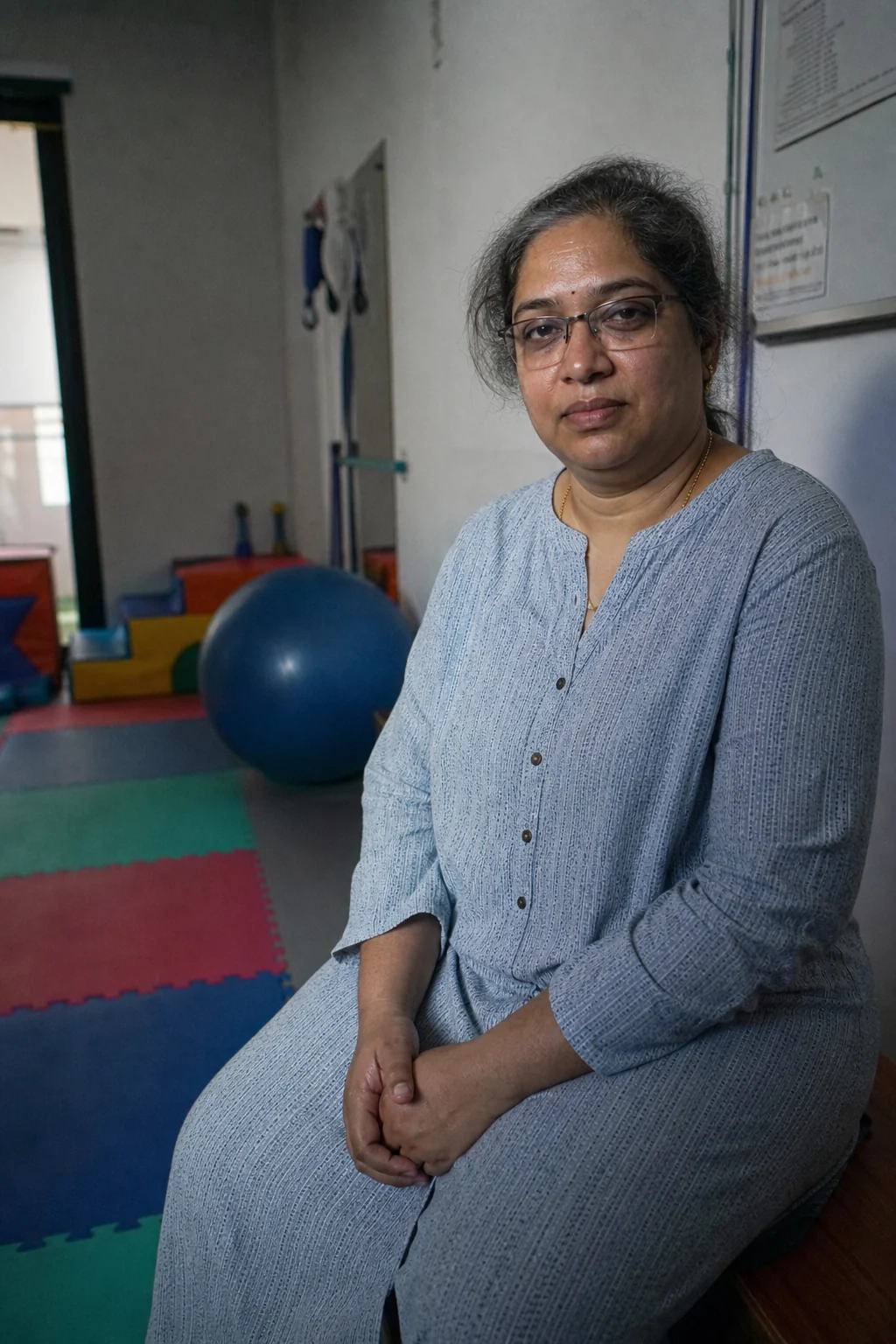 Dr Padmaja Nallapati seated on a low bench in the paediatric therapy room, looking at the camera.