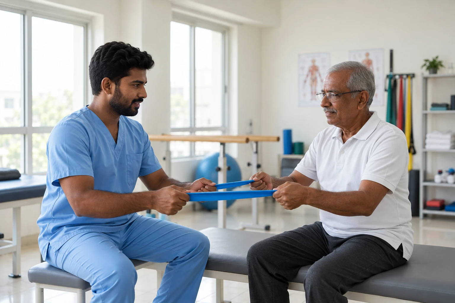 A therapist in blue scrubs and an older patient sitting facing each other at a treatment couch, holding a blue resistance band stretched between them while the therapist watches him pull.