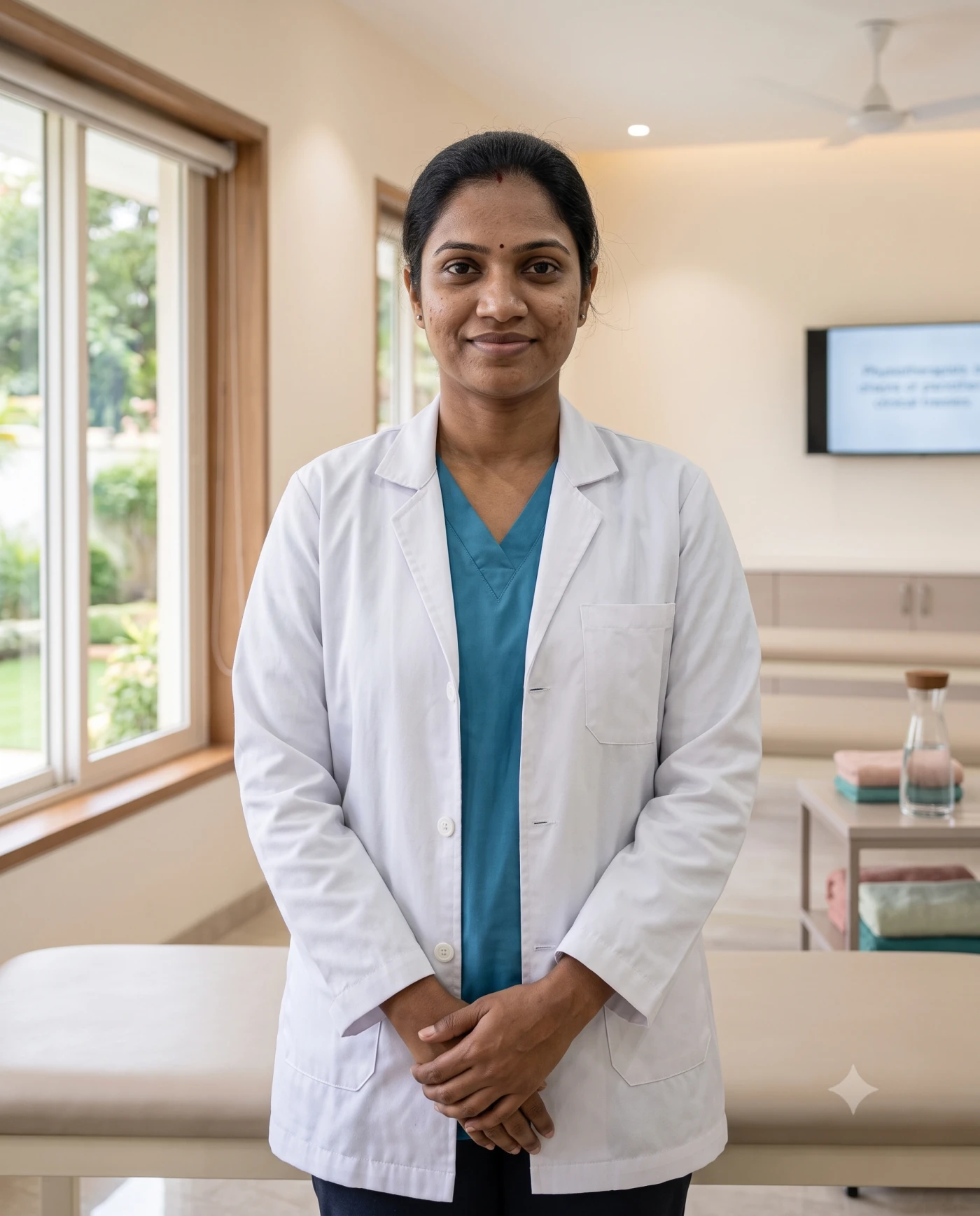 Dr Anjana Warrier in a white coat over teal scrubs, standing in her clinic beside a treatment couch, looking at the camera.