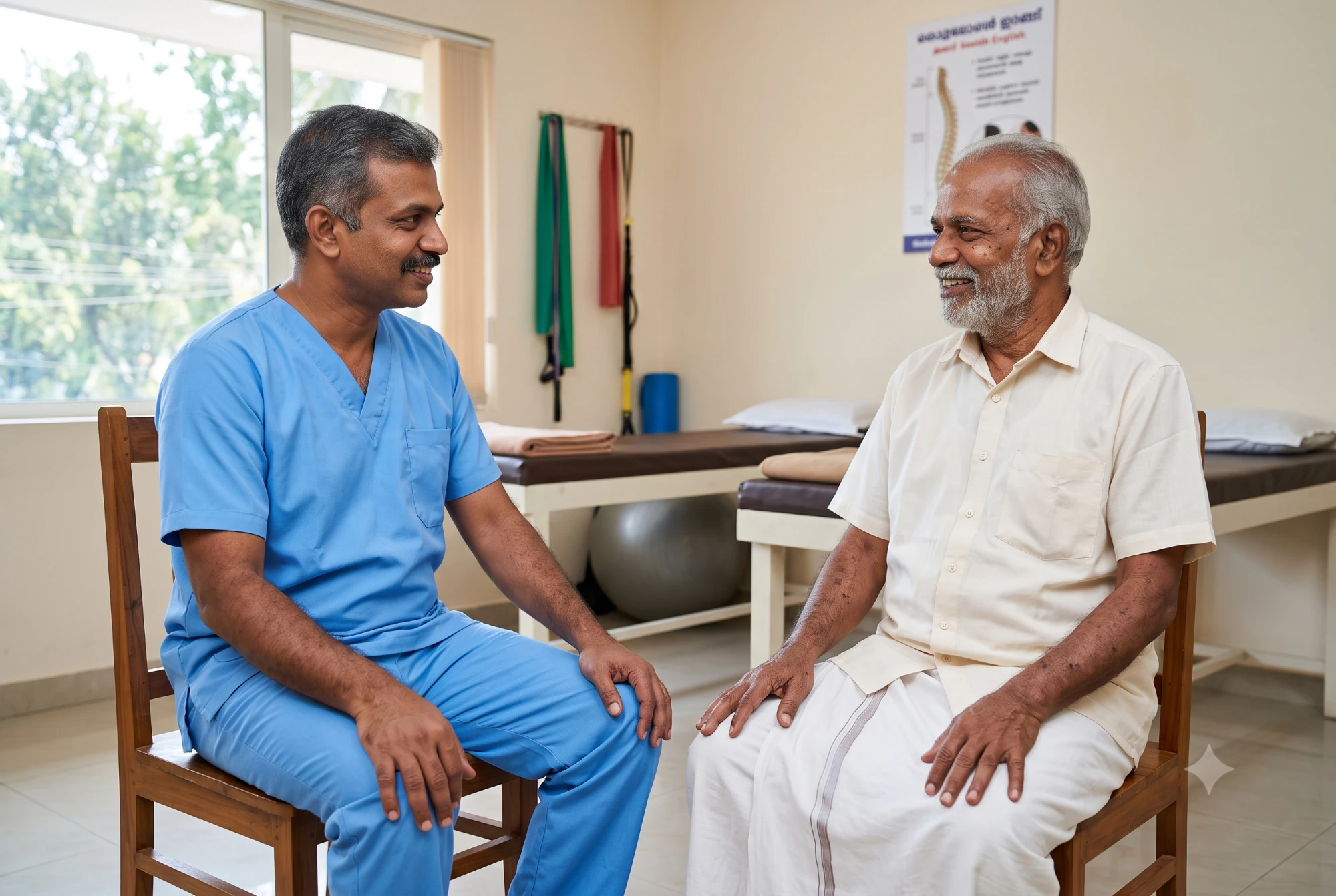 A physiotherapist and an older patient sitting facing each other in the clinic, talking through the assessment.