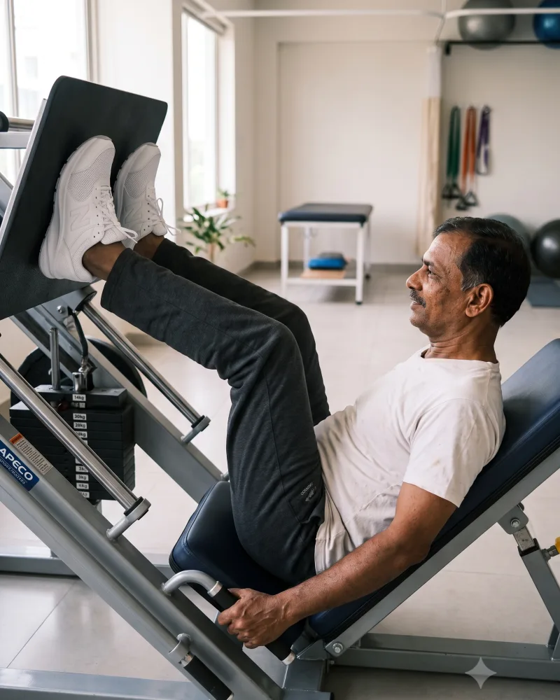 A man working through a leg press machine in the clinic gym.