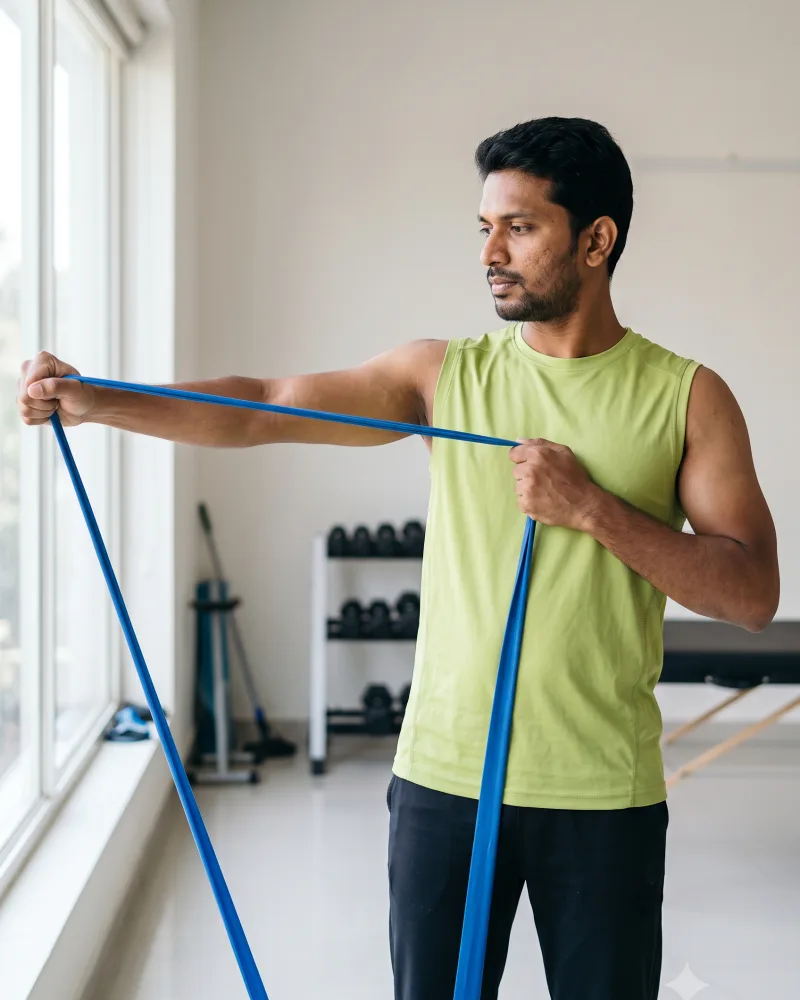 A young man holding a shoulder resistance band out to one side, watching his own arm.
