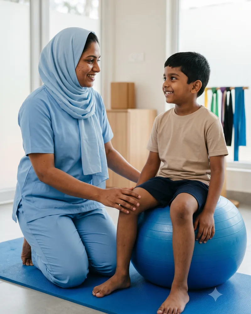 A therapist kneeling on a mat beside a young boy seated on a gym ball.