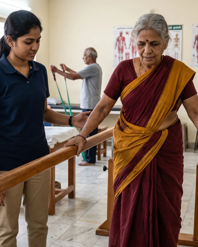 An older woman in a sari walking between parallel bars, watching her feet, a therapist steady beside her.