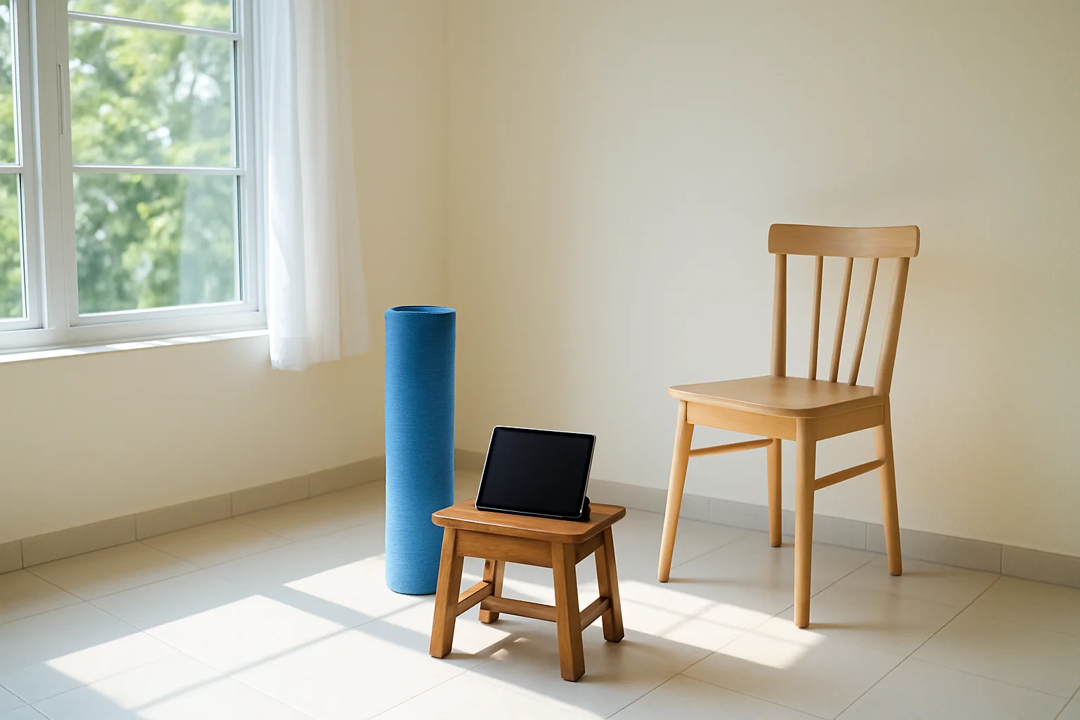 A tablet propped on a stool facing a rolled exercise mat and a chair by a shuttered window.