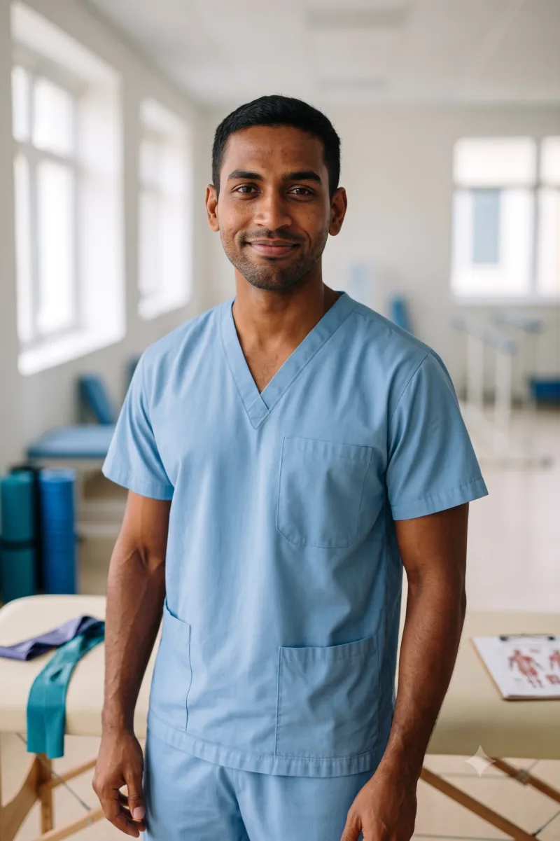 Rehan Kurup standing in the clinic gym in light blue scrubs, looking at the camera.