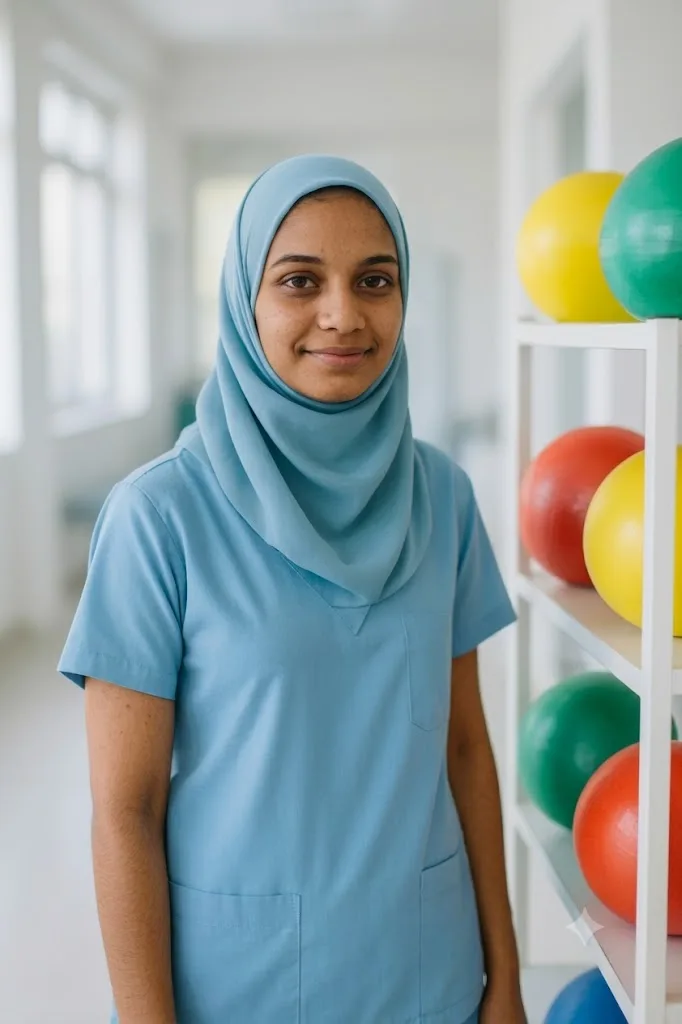 Fathima Rasheed standing beside a shelf of coloured therapy balls, looking at the camera.